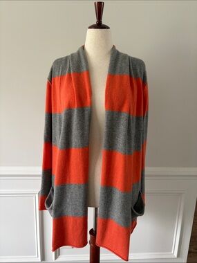 Pure Amici 100% cashmere open front cardigan | orange and gray stripes